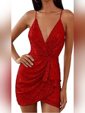 Grace Karin Red Sequin Strapless V-Neck Dress